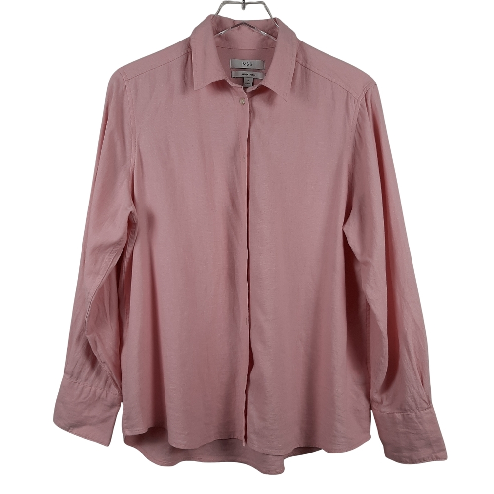 M & S Pink Flax Linen Blend Button Front Shirt Size 14